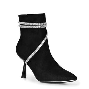 Embellished Pointy Toe Low Stiletto Heeled Boots - Black